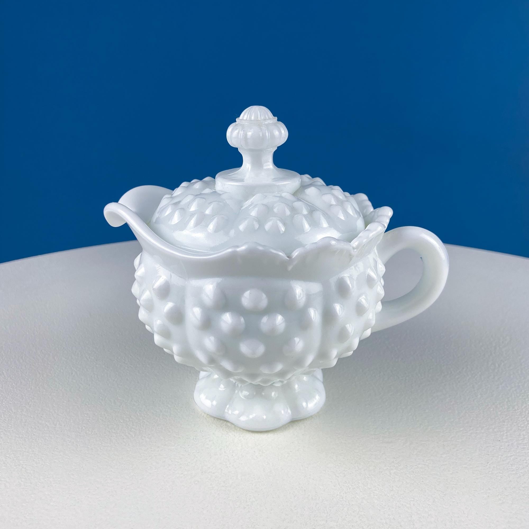 Fenton Milk Glass Sugar Bowl & Creamer on Matching Tray – Thumbprint Pattern