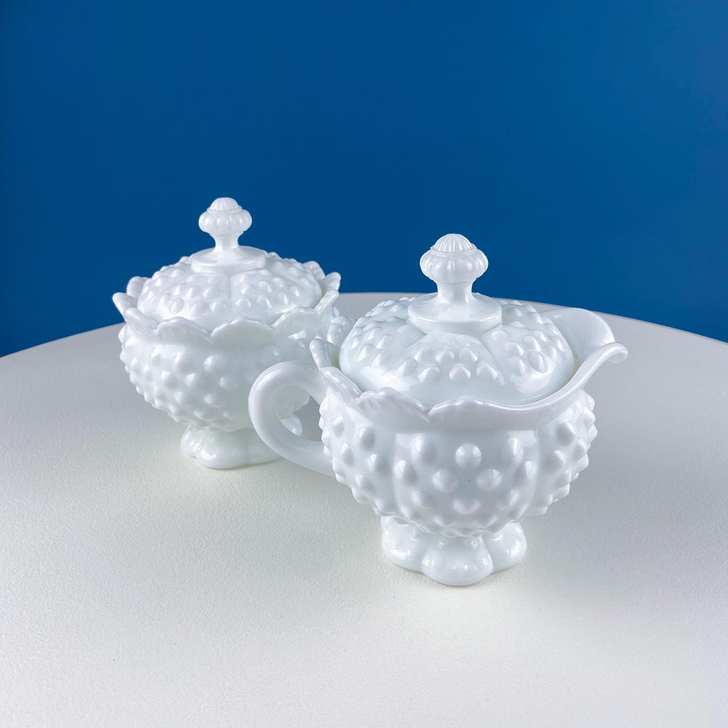 Fenton Milk Glass Sugar Bowl & Creamer on Matching Tray – Thumbprint Pattern