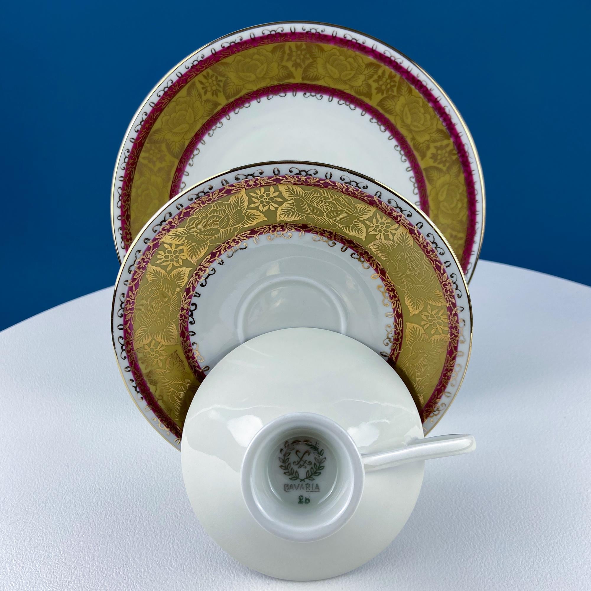 Vintage Mid Century Modern Gold and Ruby Red Porcelain Tea Set Trio. Stunning Gold Floral Motif. Asian Rose. Home Decor. Gift for Him Her.