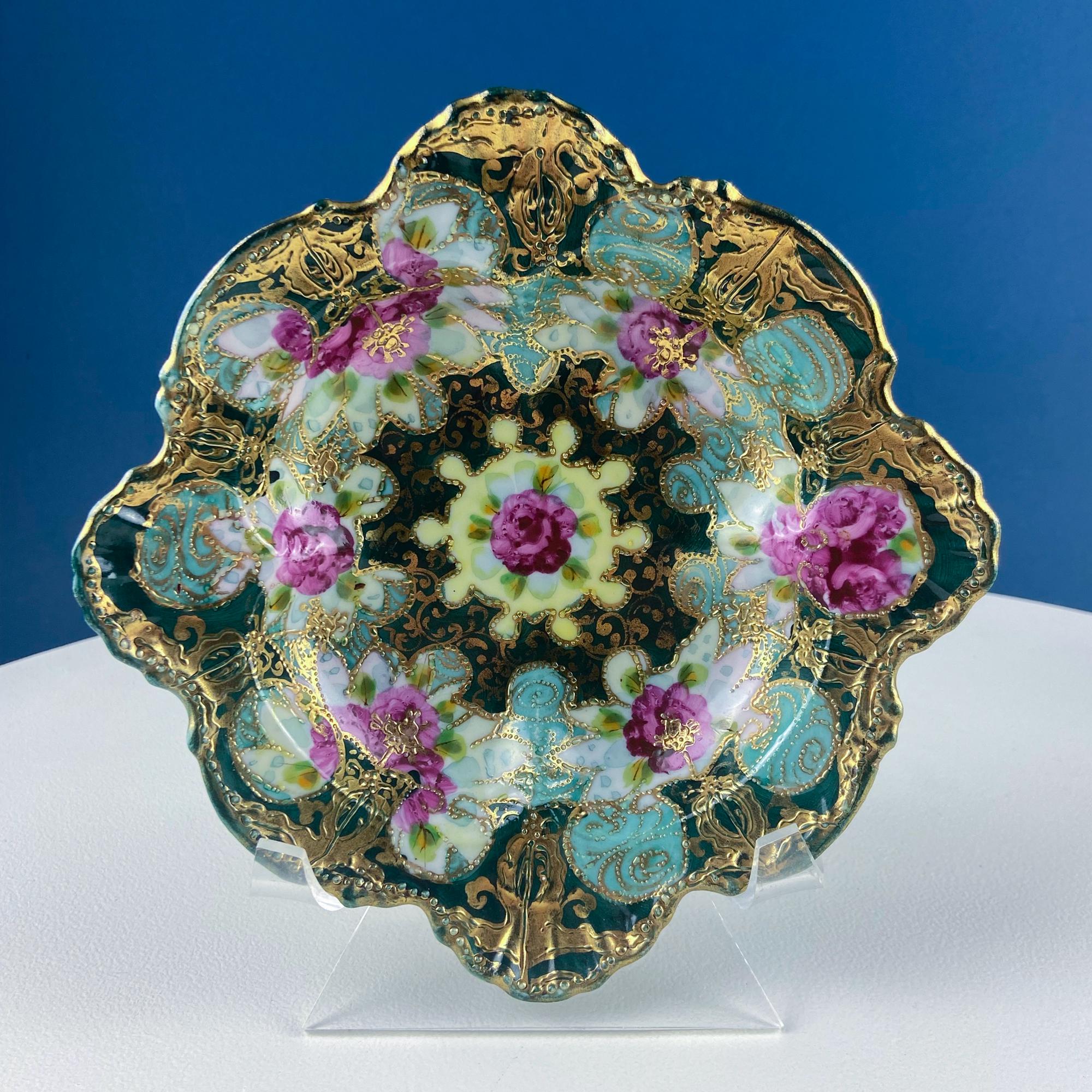 Antique Japanese Tashiro Zo Porcelain Bowl – Beaded Gold & Hand-Painted Roses