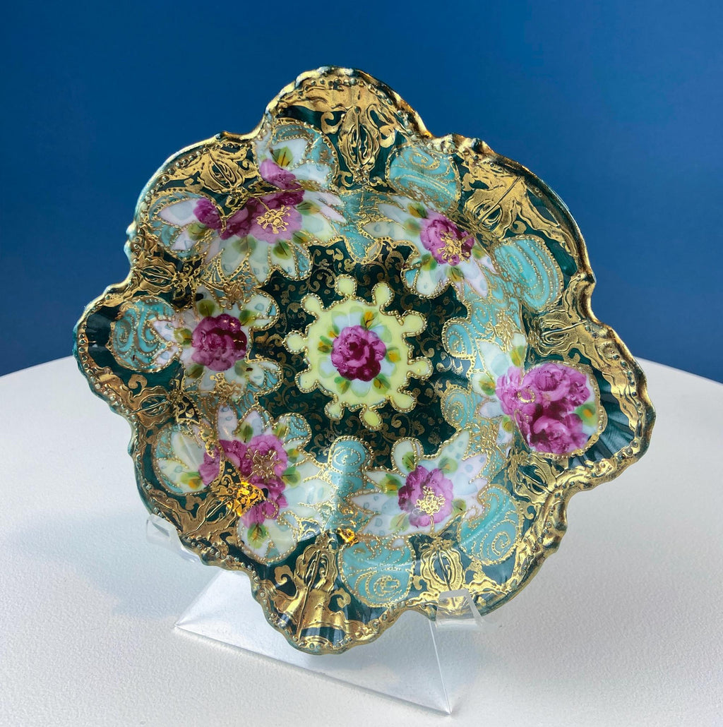 Antique Japanese Tashiro Zo Porcelain Bowl – Beaded Gold & Hand-Painted Roses