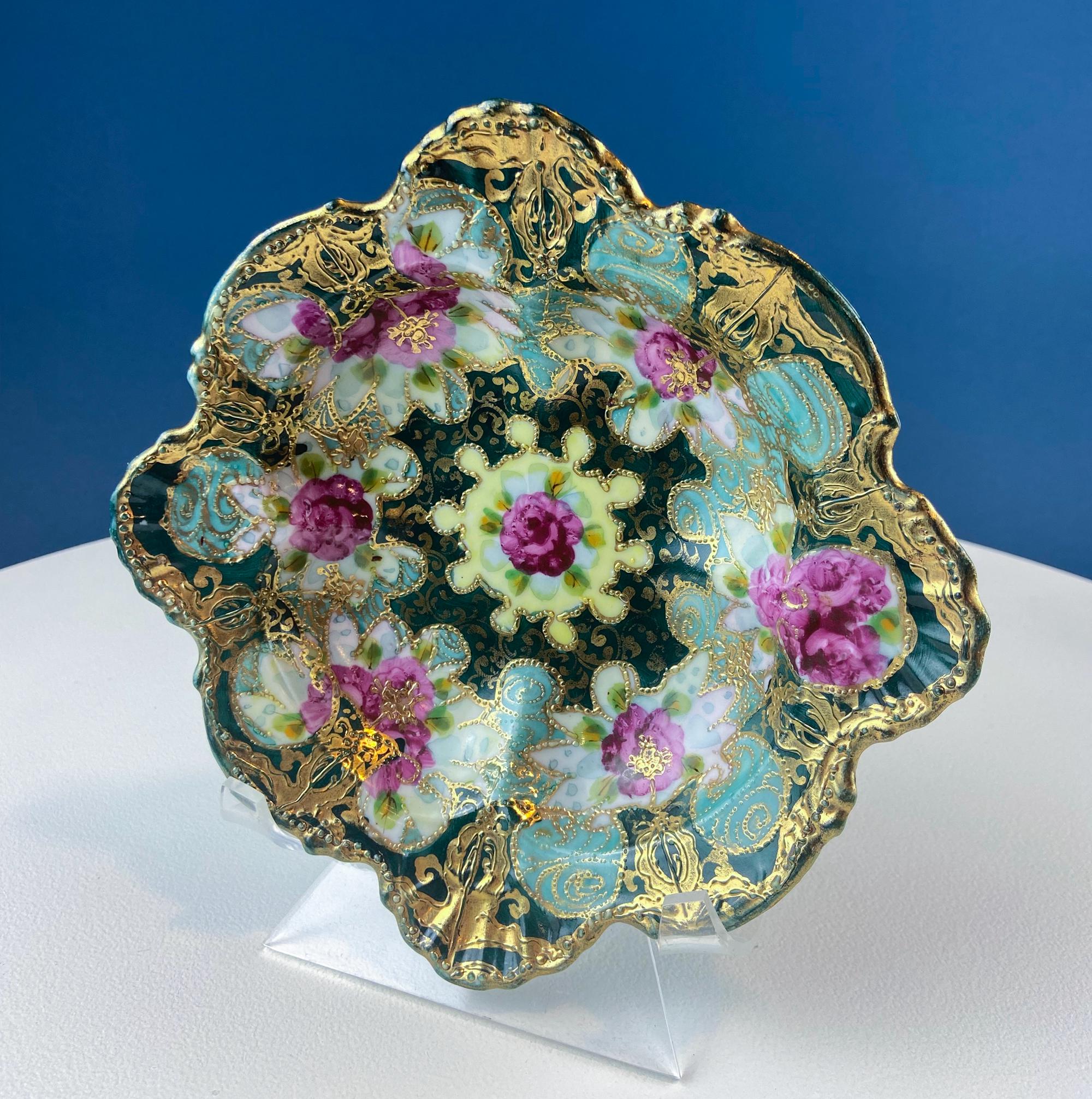 Antique Japanese Tashiro Zo Porcelain Bowl – Beaded Gold & Hand-Painted Roses