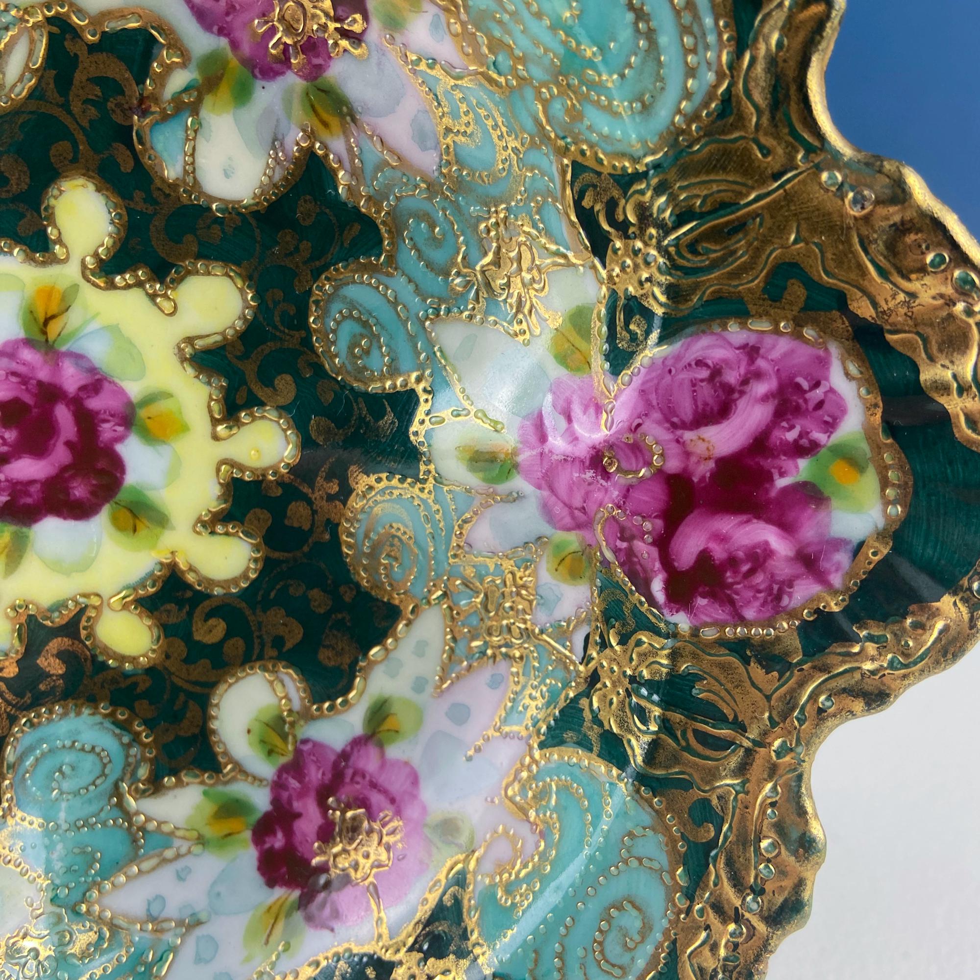 Antique Japanese Tashiro Zo Porcelain Bowl – Beaded Gold & Hand-Painted Roses