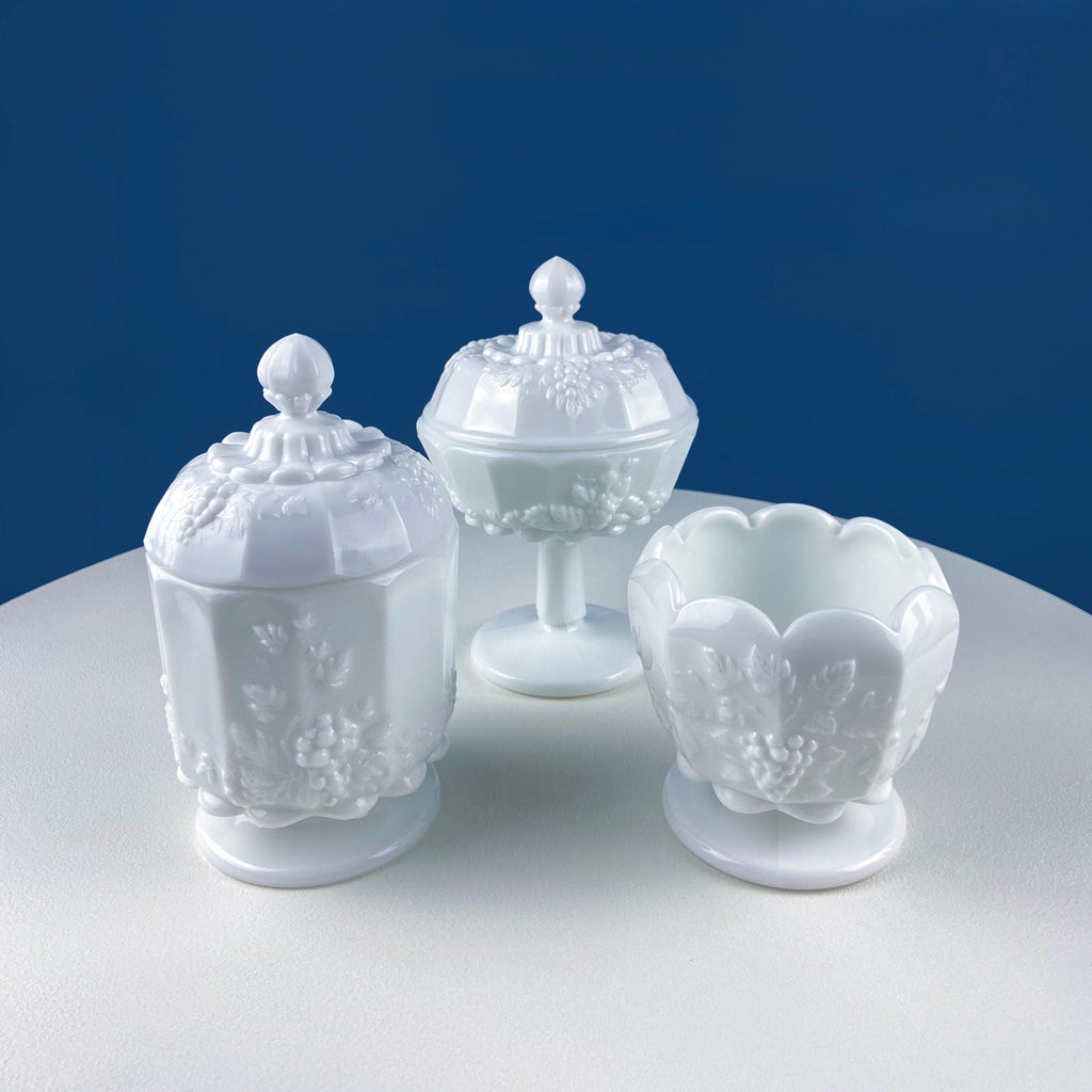 Vintage Westmoreland Milk Glass Pitchers with Vine & Grape Motif. 2 White Creamers.  Dining Room Table Decor. Serveware. Gift for Him or Her
