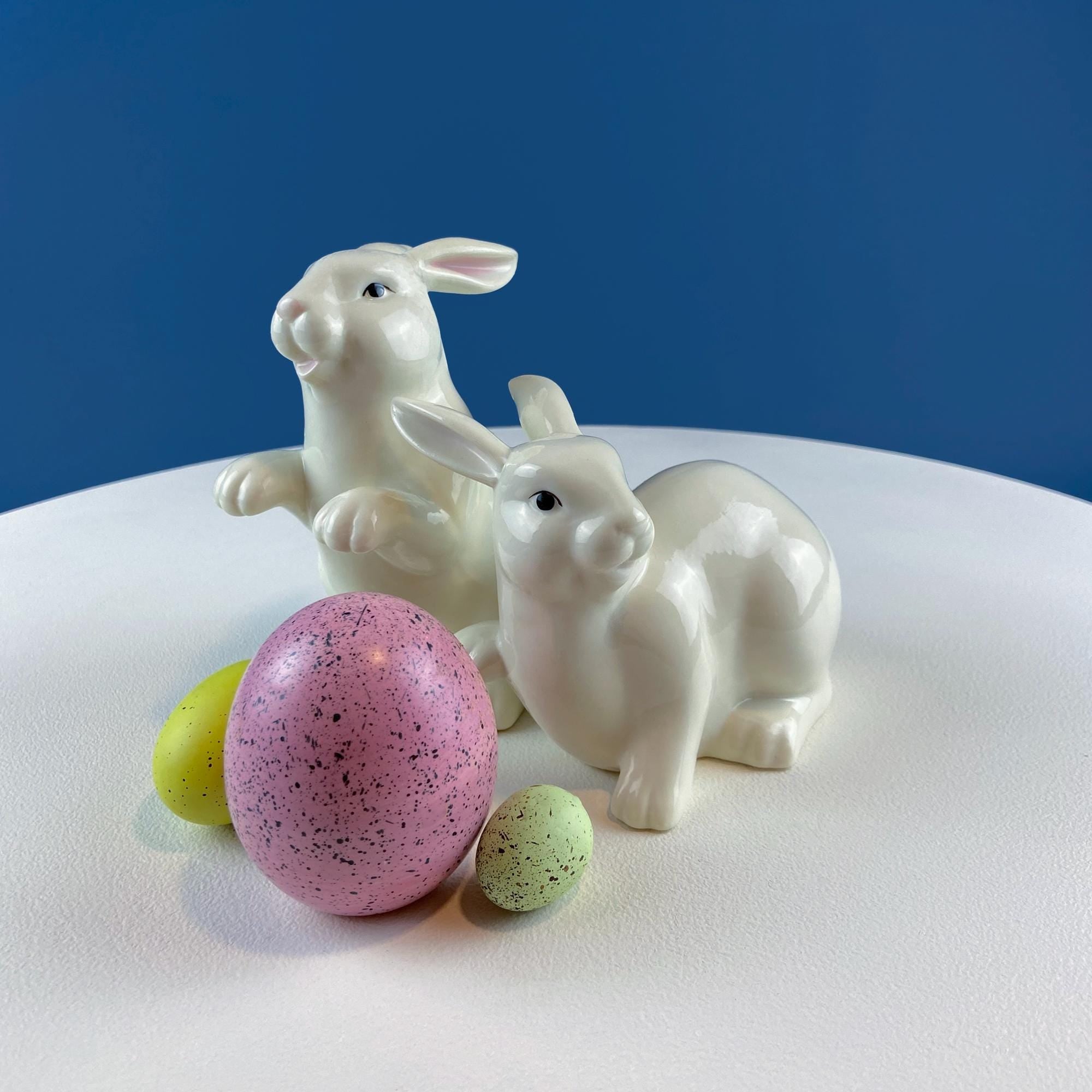 Couple of White Bunnies. Porcelain Rabbit Figurines. Set of 2. Home Dining Room Table Decor. Kids Room. Easter/Spring Celebration.