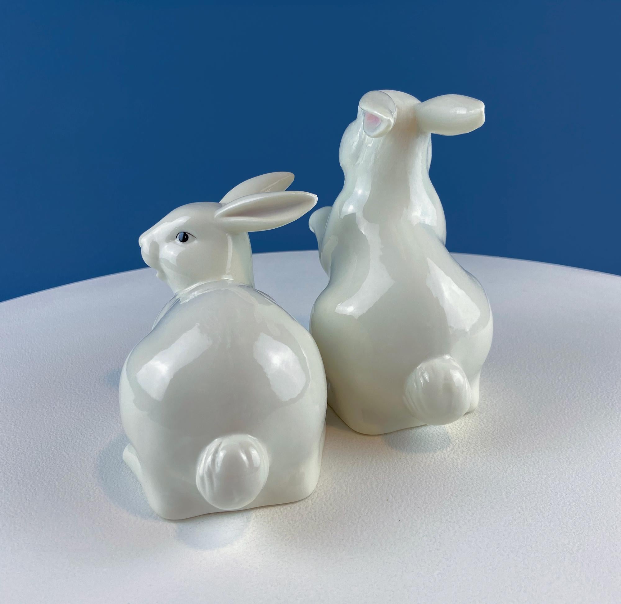 Couple of White Bunnies. Porcelain Rabbit Figurines. Set of 2. Home Dining Room Table Decor. Kids Room. Easter/Spring Celebration.