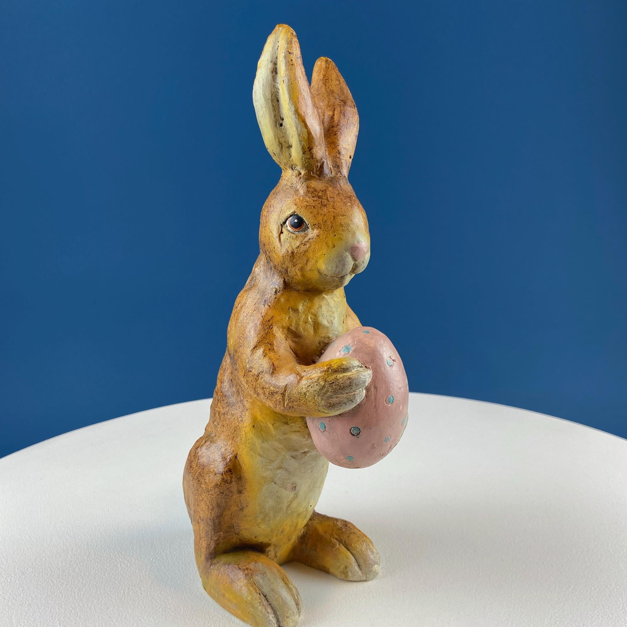 Vintage Rustic Brown Bunny with Pink Egg Figurine. Easter Display. Spring Celebration. Modern Farmhouse. Kids Room. Dining Table Room Decor.