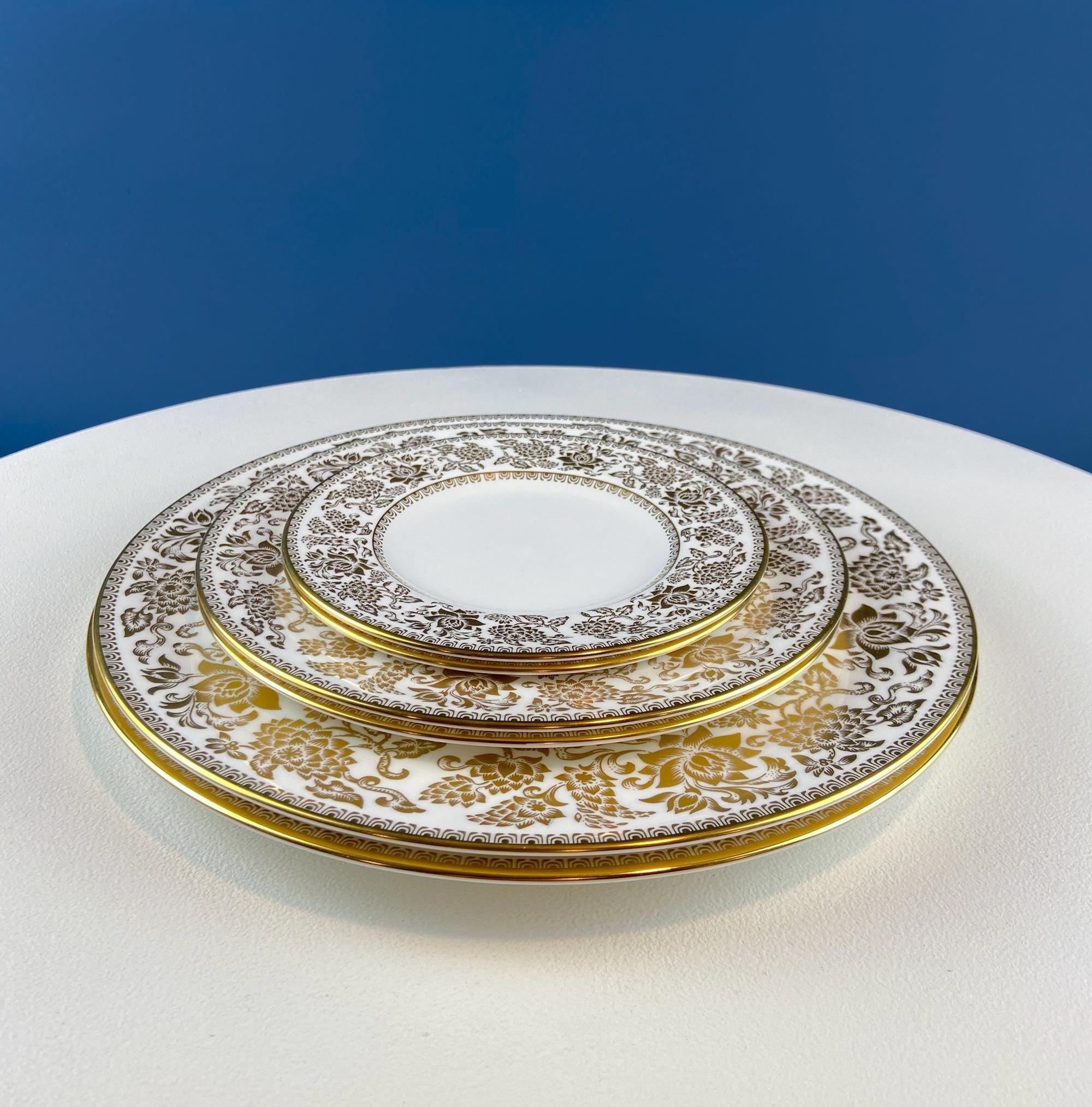 Vintage Wedgewood Gold Damask Plates. Set of 6. 2 Dinner 2 Salad and 2 Dessert.  Dining Room Table Decor. Gift for Him Her.