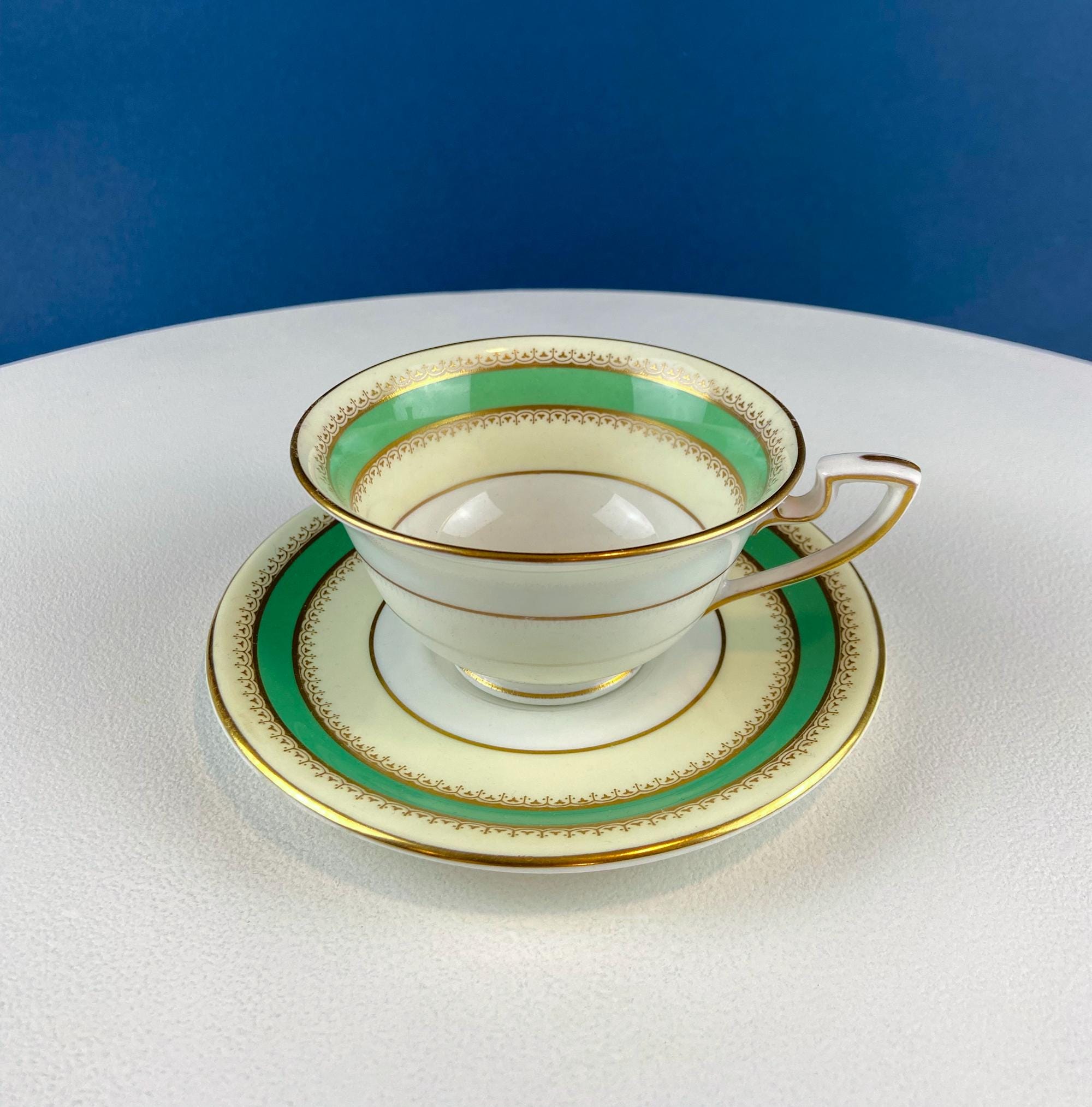 Vintage Green and Yellow Royal Worcester Teacup or Coffee Cup & Saucer. Hand Painted Floral Motif. Gift for Tea Lovers. Dining Table.