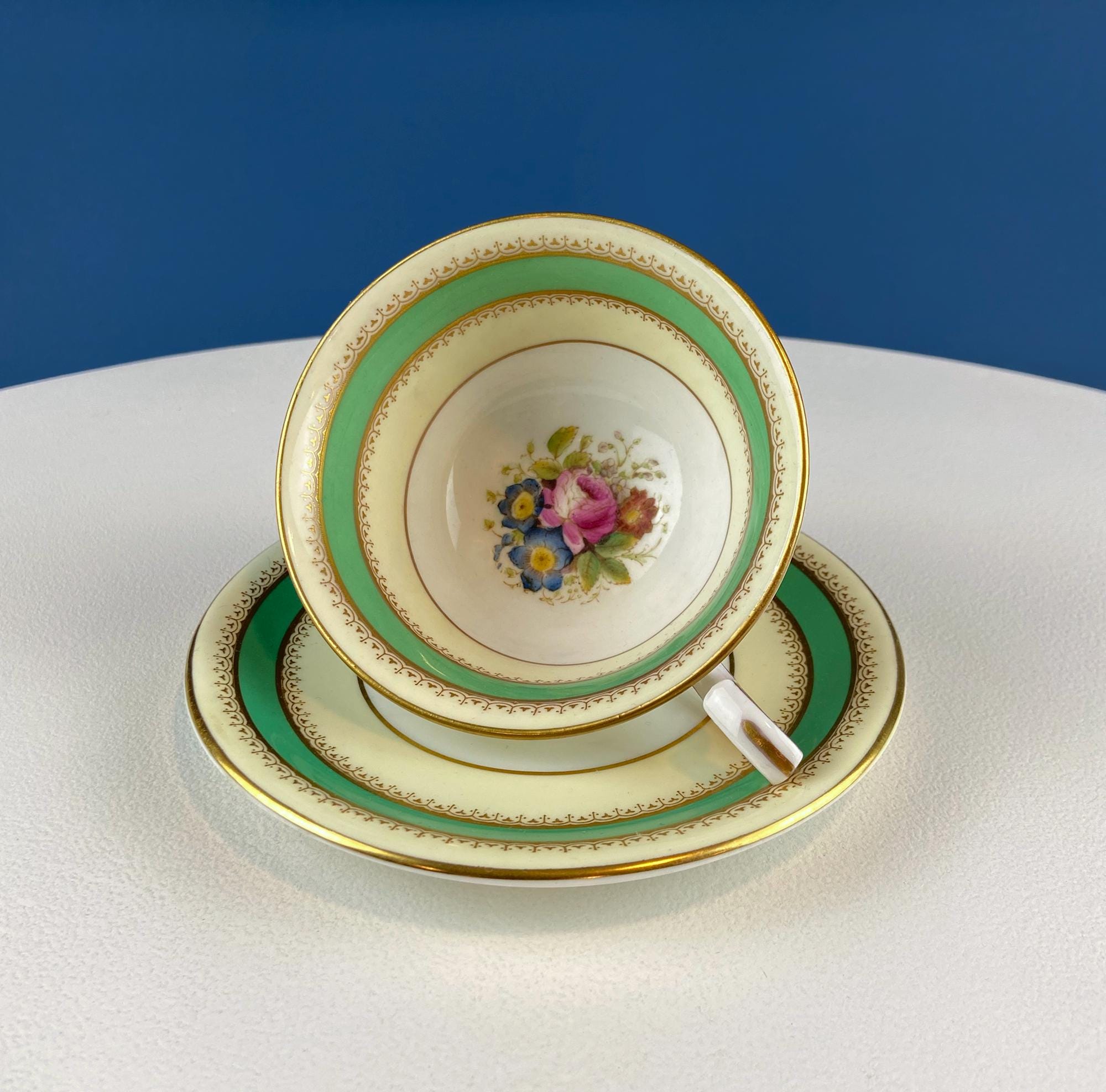 Vintage Green and Yellow Royal Worcester Teacup or Coffee Cup & Saucer. Hand Painted Floral Motif. Gift for Tea Lovers. Dining Table.