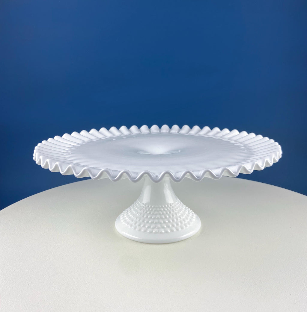Vintage Thumb Print Milk Glass Cake Stand. White 12" Cake Serving Platter with Ruffled Edge. Wedding Birthday Holiday Celebration.