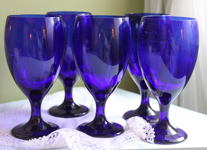 Cobalt Blue Glass Water Goblets, Set of 8