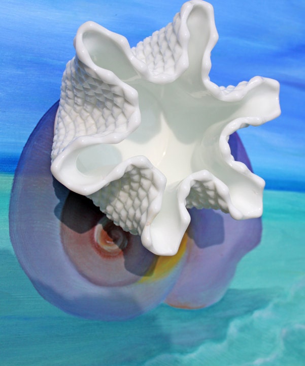 Vintage Milk Glass Splash Vase. Hobnail Vase  with Pinched Edge for Growing Ivy.  Wedding or Home Decor.