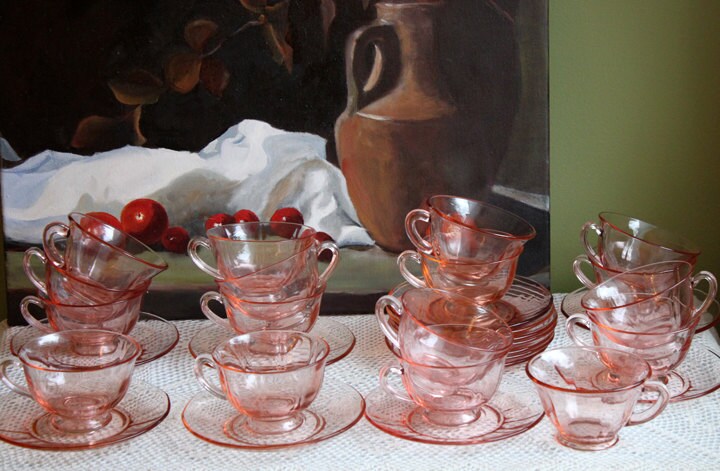 Peach Pink Depression Glass Sugar & Creamer – Art Deco Fluted Design