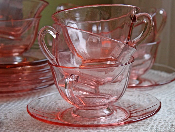Peach Pink Depression Glass Sugar & Creamer – Art Deco Fluted Design