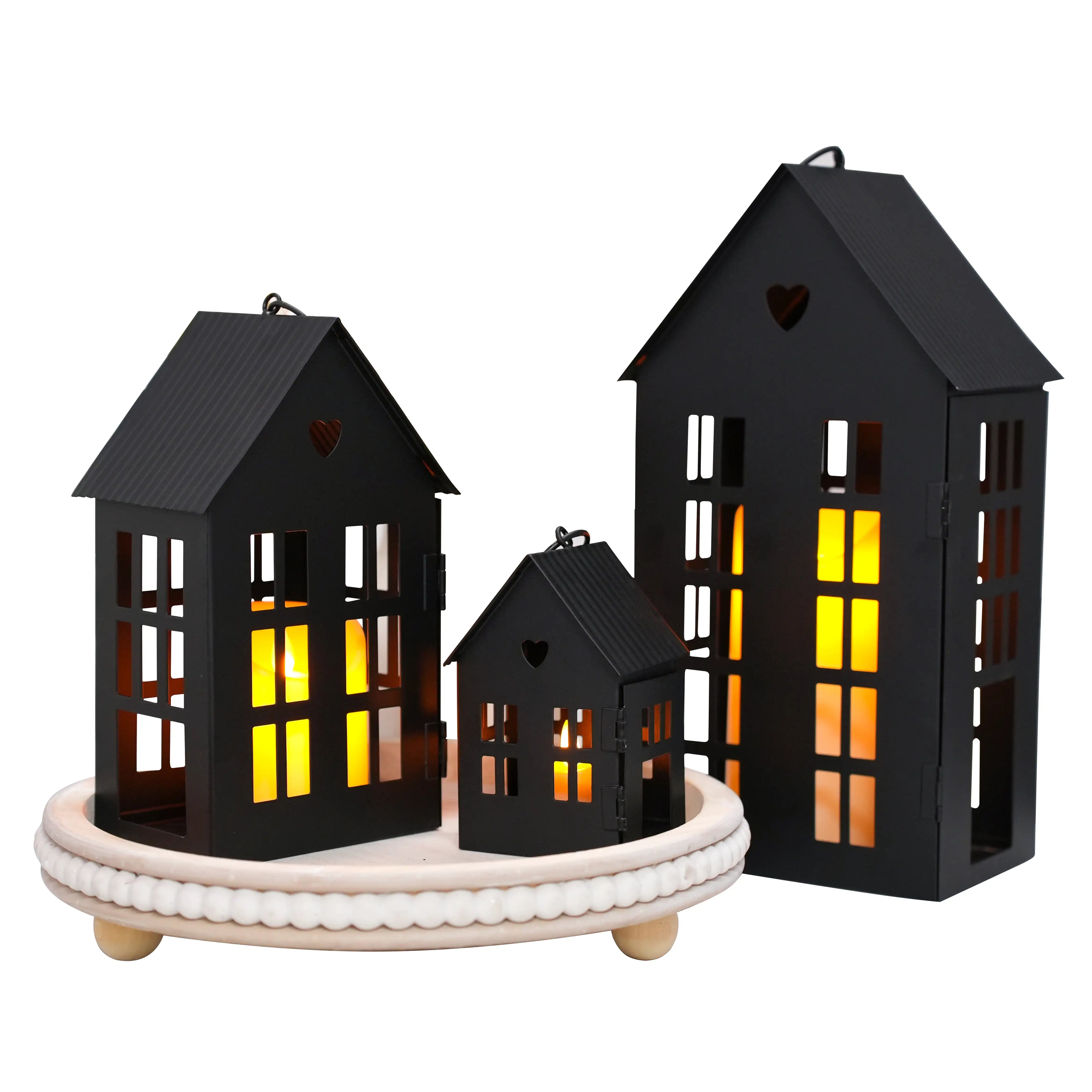 13.5"&9.5"&5.5"H Village Farmhouse House Candle Holders for Home Decor Patio Wedding