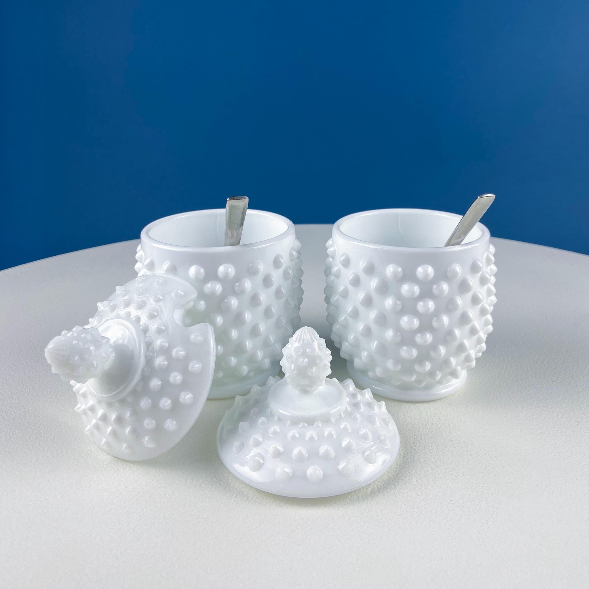 Vintage Fenton Milk Glass Serving Jars with Silver Spoons. Set of 2 White Jam, Condiments Hobnail Serving Bowls. Dining Room Decor.