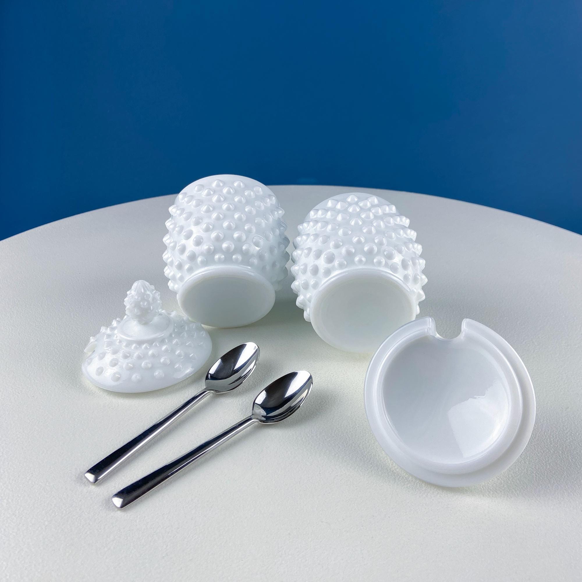 Vintage Fenton Milk Glass Serving Jars with Silver Spoons. Set of 2 White Jam, Condiments Hobnail Serving Bowls. Dining Room Decor.