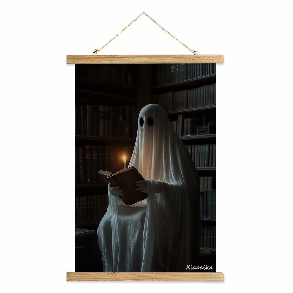 Ghost in the Library — Vintage Halloween Linen Canvas Wall Art