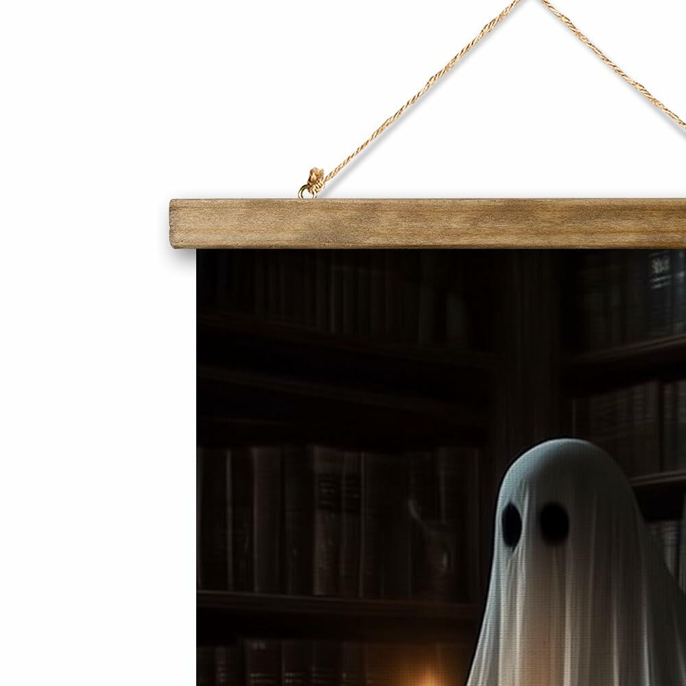 Ghost in the Library — Vintage Halloween Linen Canvas Wall Art