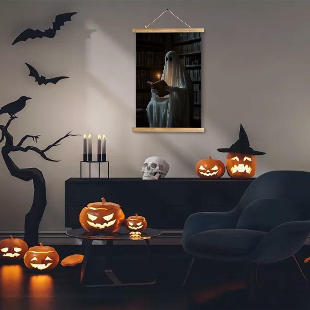 Ghost in the Library — Vintage Halloween Linen Canvas Wall Art