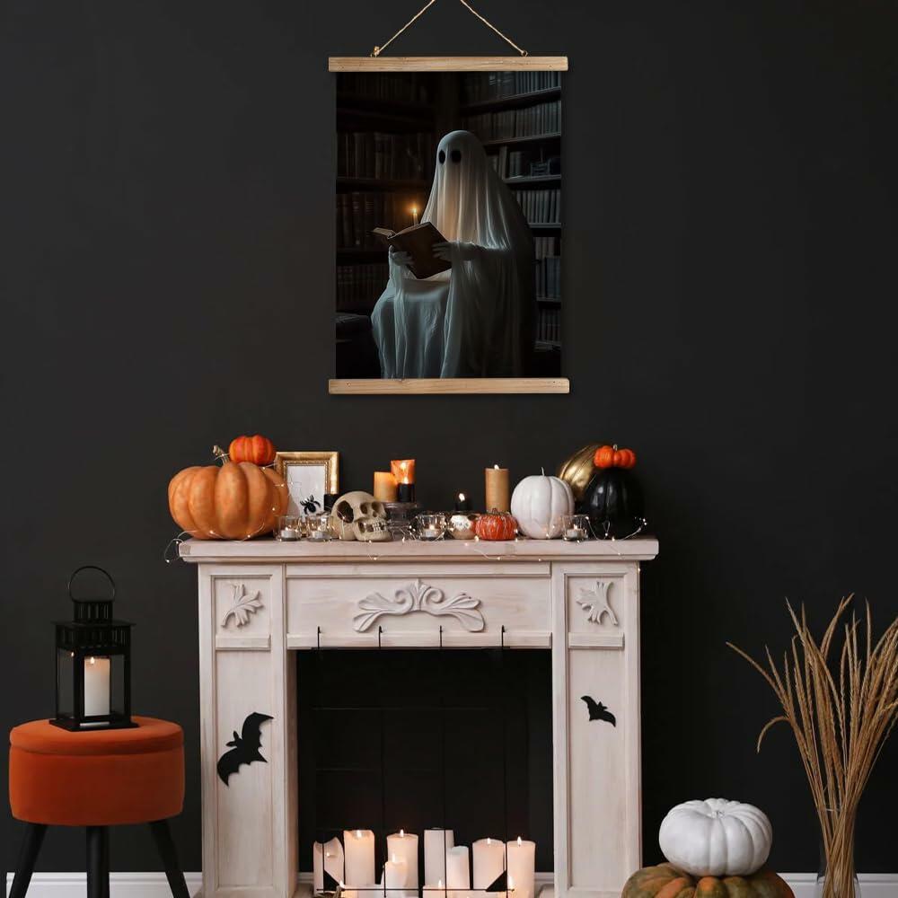 Ghost in the Library — Vintage Halloween Linen Canvas Wall Art