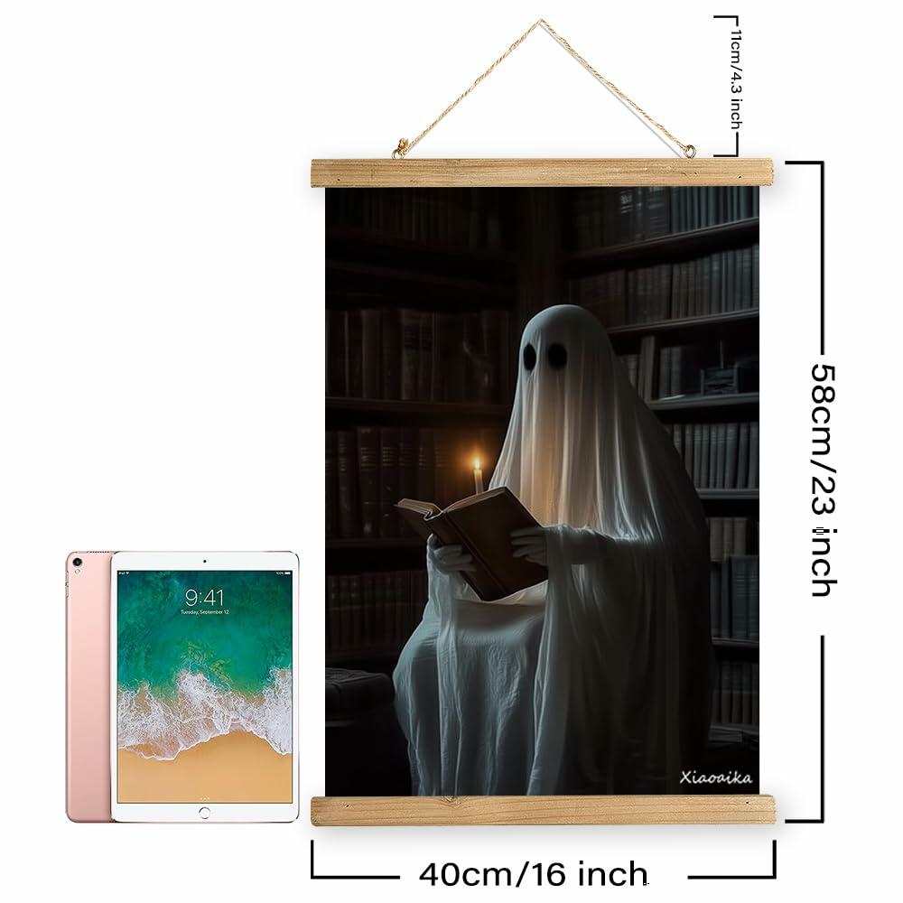 Ghost in the Library — Vintage Halloween Linen Canvas Wall Art