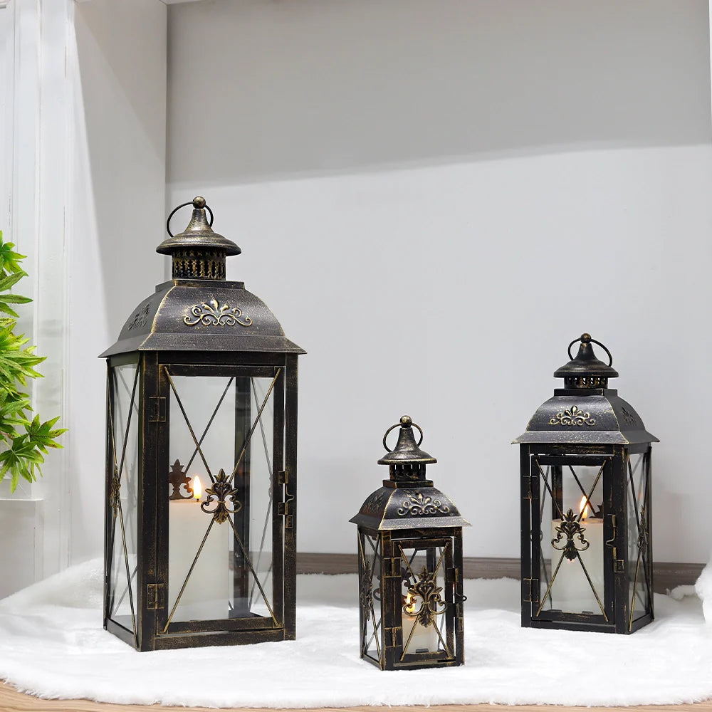 Black Metal Hanging Lanterns — Set of 3 Graduated Sizes