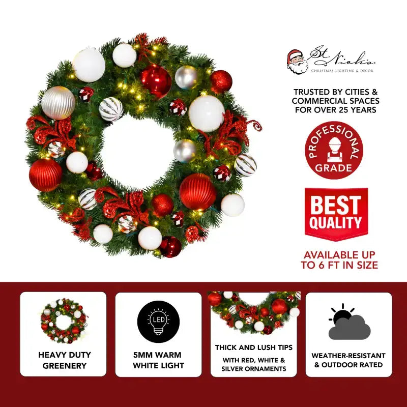 Yuletide Wreath with Warm White Lights -Red