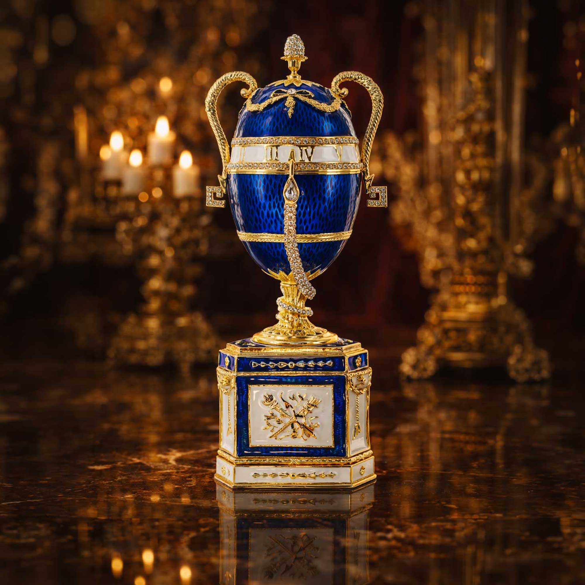 1895 Blue Serpent Clock Royal Imperial Easter Egg 7 Inches