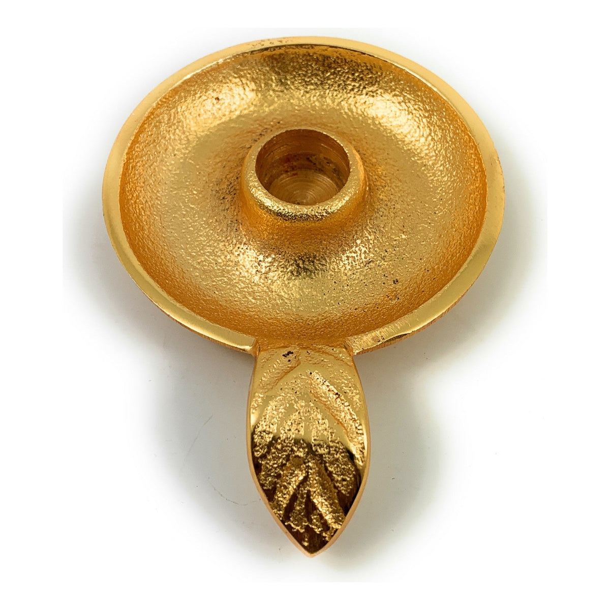 Vibhsa Gold Taper Candlestick Holder Dish | Leaf Handle, Rustic Gold, Aluminum