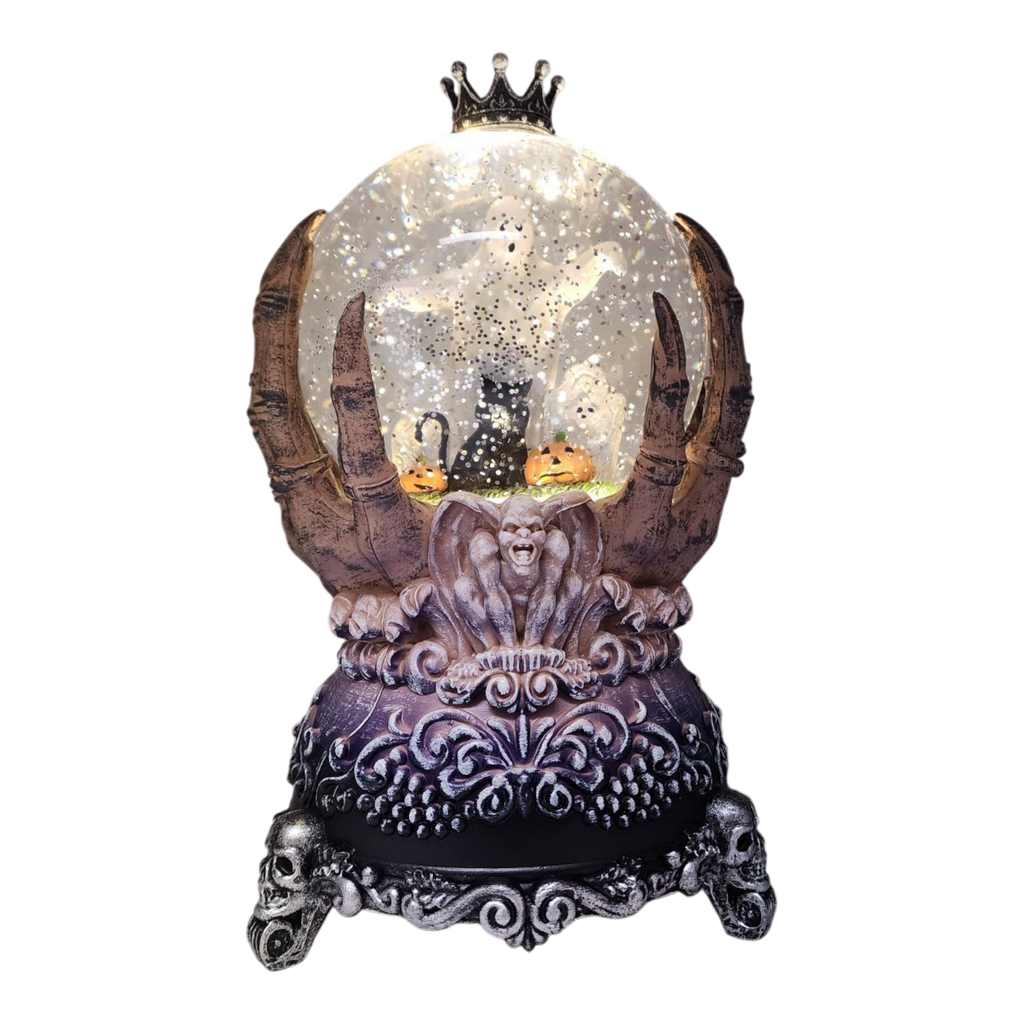 Spooky Spinning Waterglobe held by Skeleton Hands